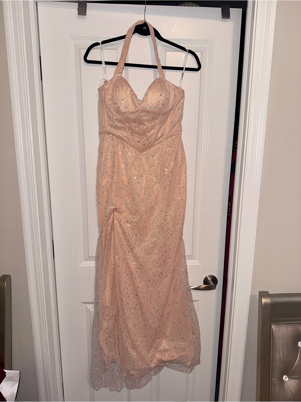 Halter Top Blush Sequin Evening Gown